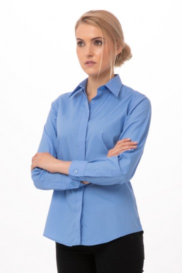Blue Basic Women Dress Shirt by Chef Works