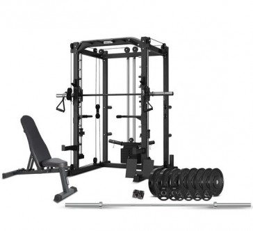 Cortex SM-20 6-in-1 Power Rack with Smith & Cable Machine + BN-6 Bench + 130kg Olympic Bumper Weight Plate & Barbell Package 