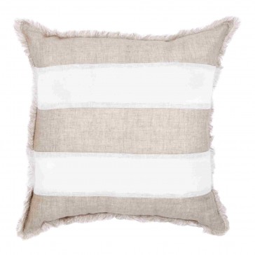 Striped Beige & White Linen Fringed European Cushion