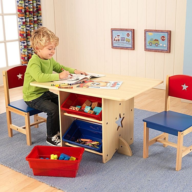 Kids Table Chair Set With Storage Tubs, Child Table And Chair Set With Storage