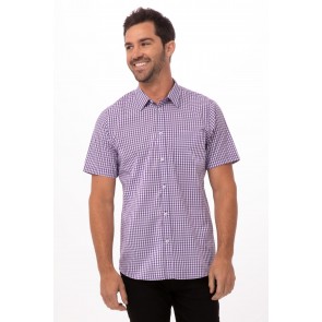 Purple Modern Gingham Men Short Sleeve Dress Shirt by Chef Works